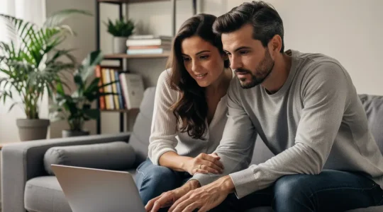 Couple français analysant une simulation de crédit immobilier sur ordinateur portable